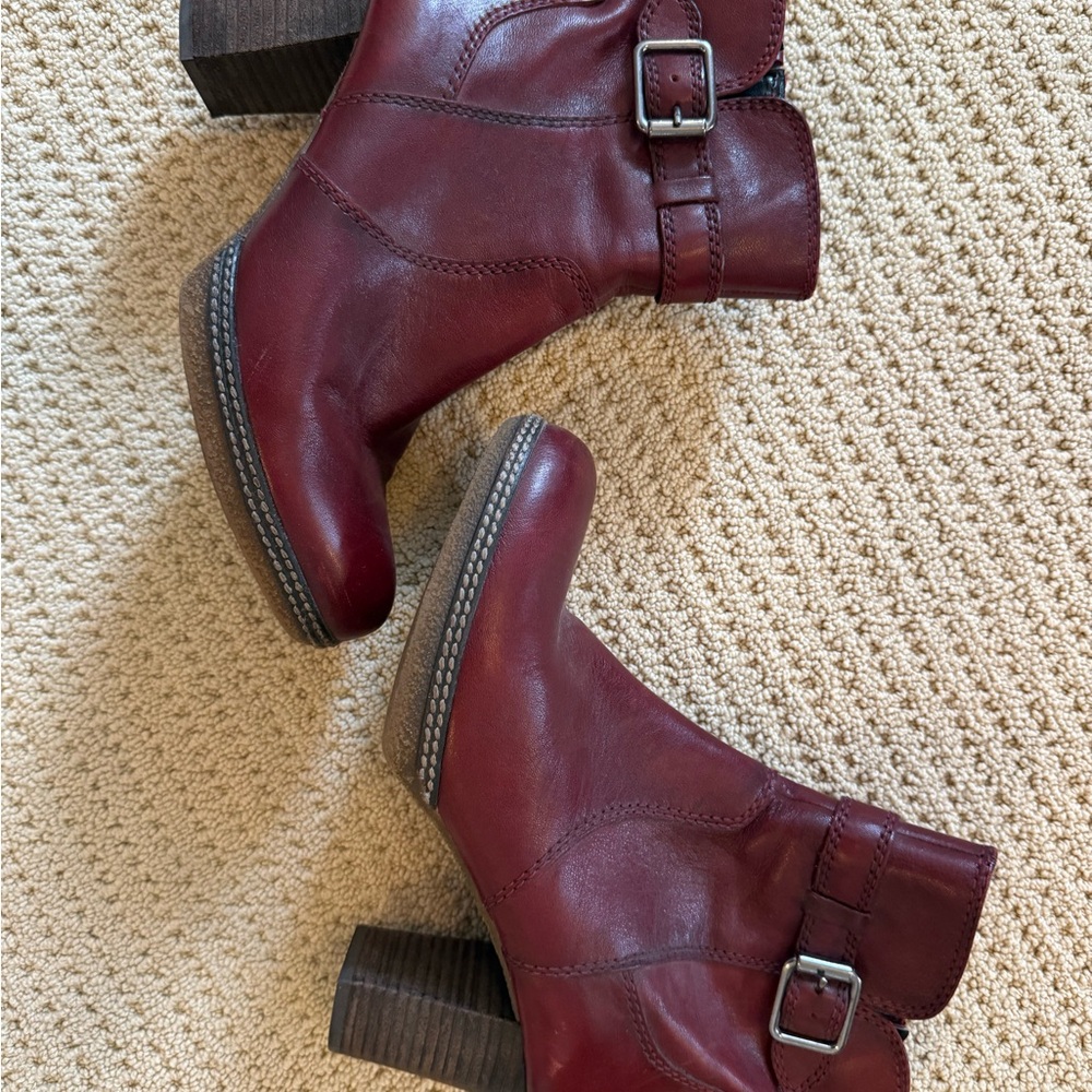 Gabor Maroon Leather Ankle Boots with Buckle
